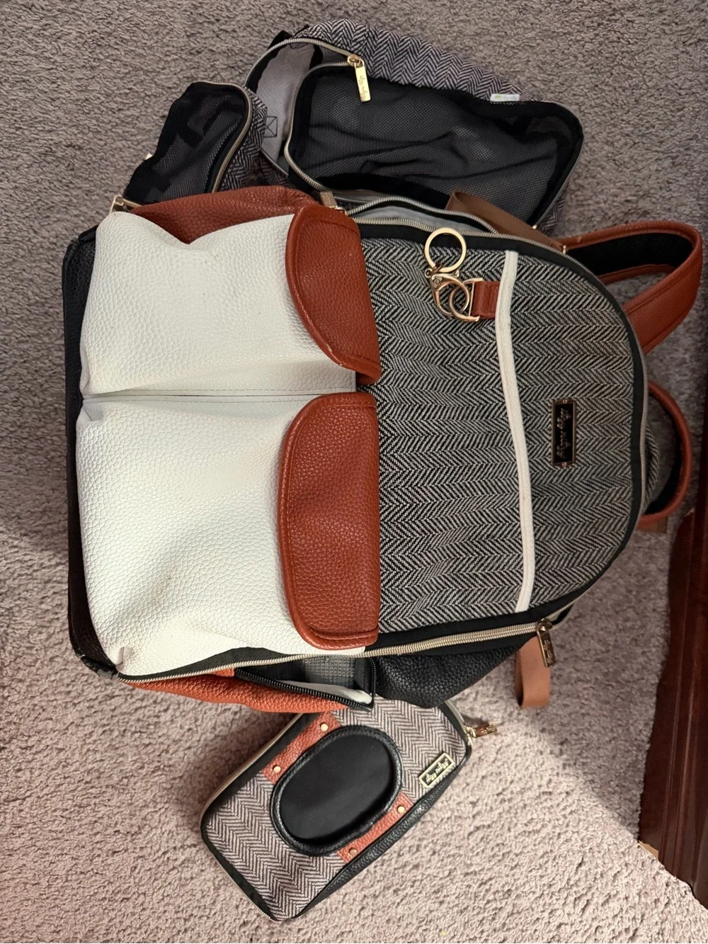 Itzy Ritzy Herringbone Diaper Backpack with Brown and Cream Accents